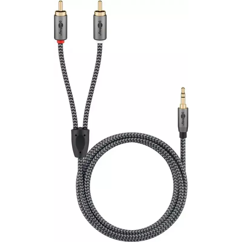 Kabel audio Goobay 65285 3,5 mm męski do 2×RCA męski, 1 m, miedź, pozłacane styki, ekranowany magnetycznie (czarny/srebrny)