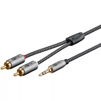 Kabel audio Goobay 65285 3,5 mm męski do 2×RCA męski, 1 m, miedź, pozłacane styki, ekranowany magnetycznie (czarny/srebrny)
