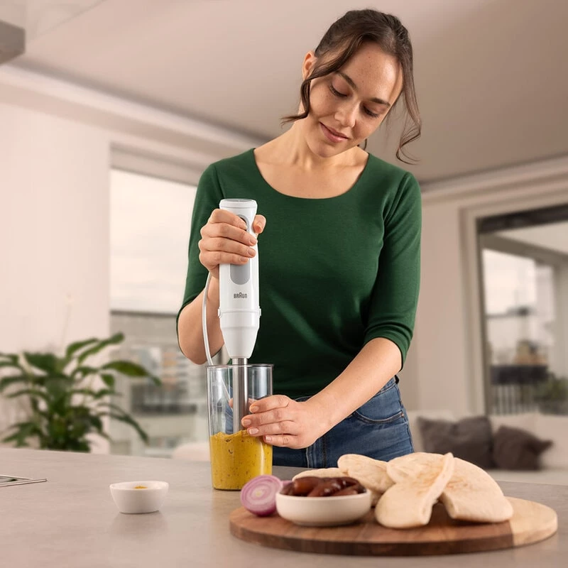 Blender ręczny BRAUN MultiQuick 5 MQ 50001 M — 1000 W, trzonek ze stali nierdzewnej, dzbanek 0,6 L, szary/biały