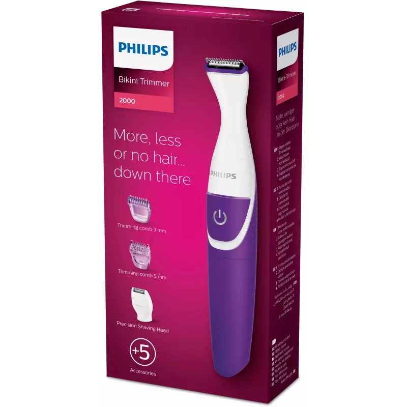 Trymer do bikini Philips Essential BRT383/15, 3 poziomy długości, bateria AA, 120 min pracy, biało-fioletowy