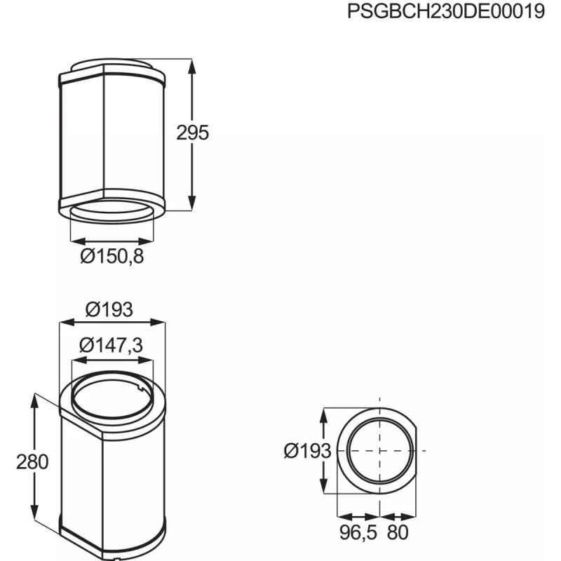Przedłużka do okapu kuchennego Electrolux M8CKSL28, czarna stal nierdzewna, Ø193 mm × wys. 295 mm