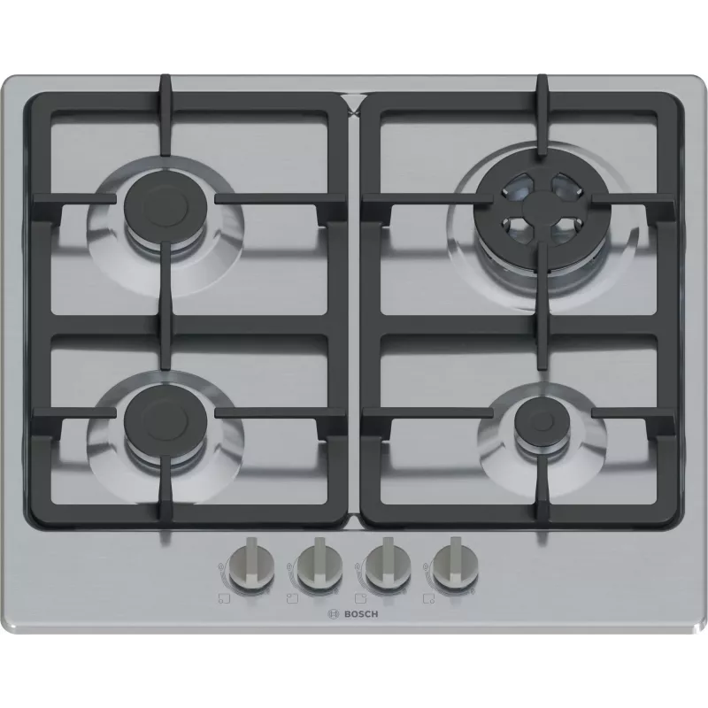 Wbudowana płyta gazowa Bosch Serie 4 PGH6B5K90, 4-strefowa, stal nierdzewna, 60 cm, pokrętła obrotowe, palnik wok