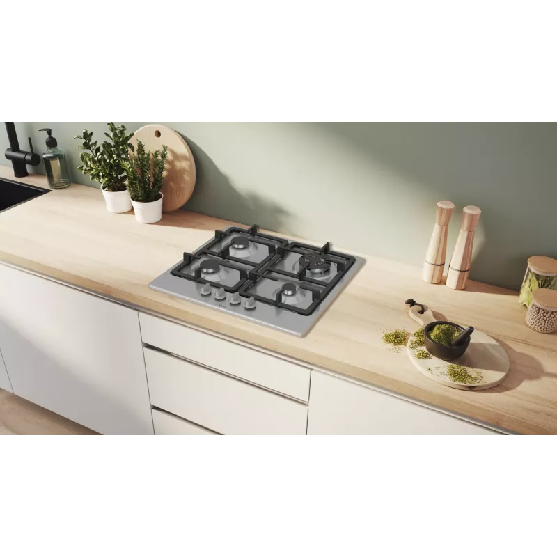 Wbudowana płyta gazowa Bosch Serie 4 PGH6B5K90, 4-strefowa, stal nierdzewna, 60 cm, pokrętła obrotowe, palnik wok
