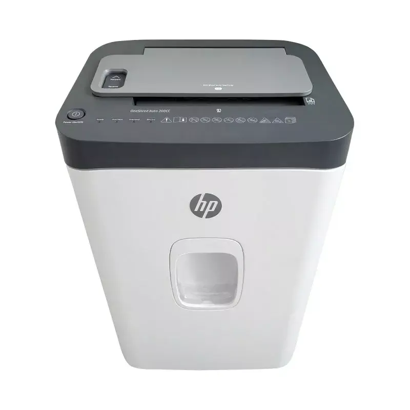 Niszczarka HP ONESHRED Auto 200CC — automatyczne podawanie 200 arkuszy, ścinki mikro P-4, kosz 28 l, biało-szara