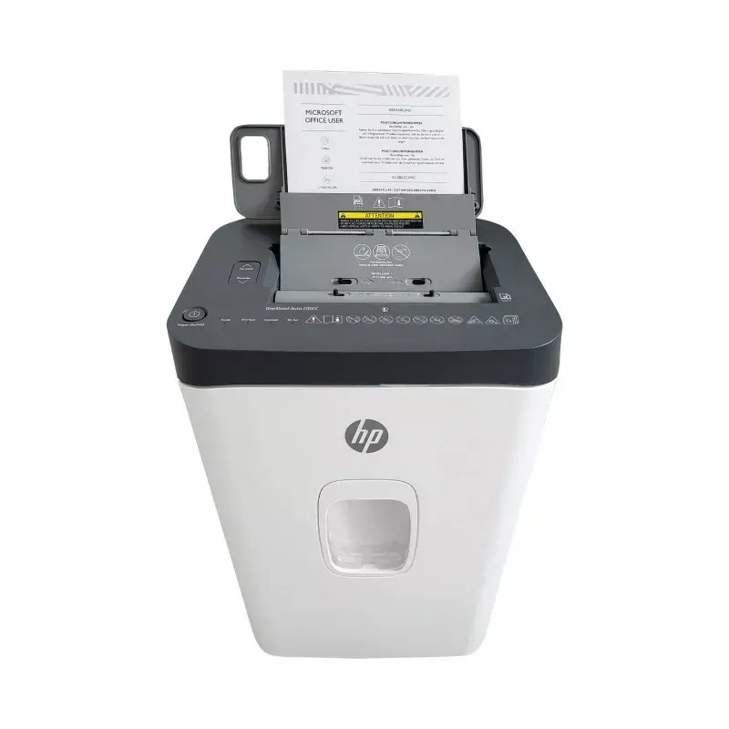Niszczarka HP ONESHRED Auto 200CC — automatyczne podawanie 200 arkuszy, ścinki mikro P-4, kosz 28 l, biało-szara
