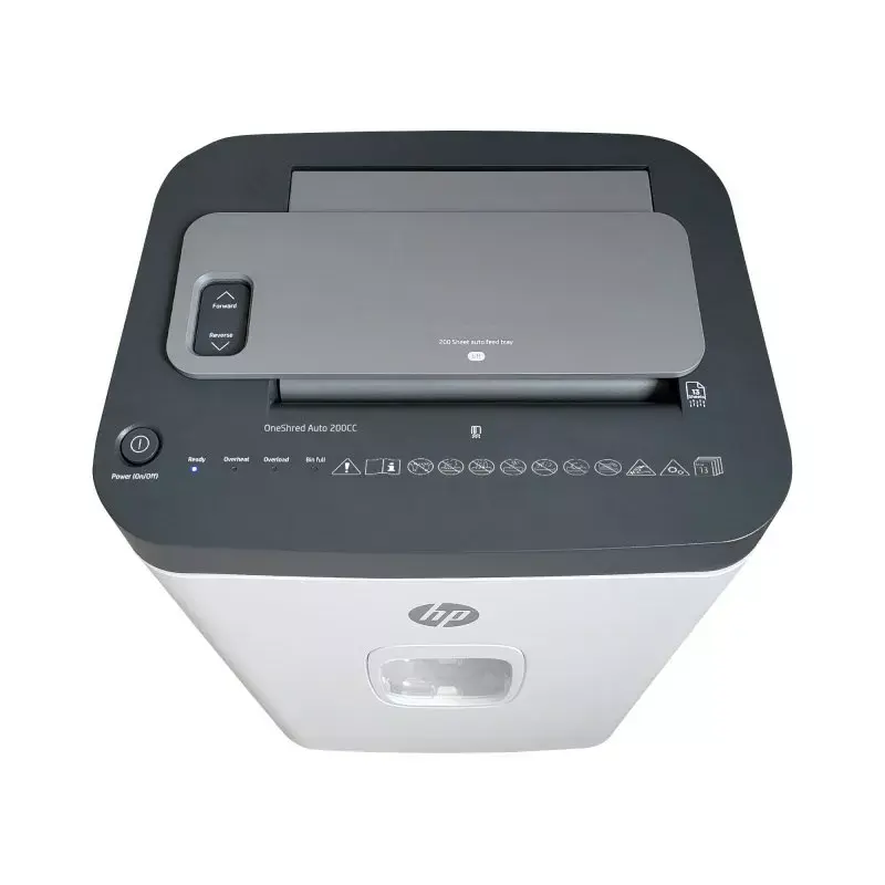Niszczarka HP ONESHRED Auto 200CC — automatyczne podawanie 200 arkuszy, ścinki mikro P-4, kosz 28 l, biało-szara