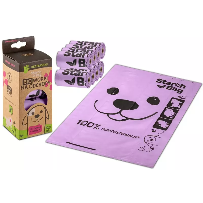 Kompostowalne worki na odchody Starch Bag STARCHBAG BIO liliowe, włókna roślinne, 8 × 15 szt.