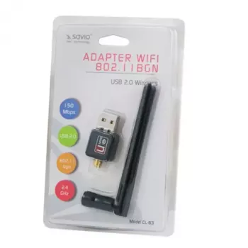 Adapter USB WLAN SAVIO CL-63, jednopasmowy 2,4 GHz, 150 Mbit/s, Realtek RTL8188CU, antena zewnętrzna, USB 2.0