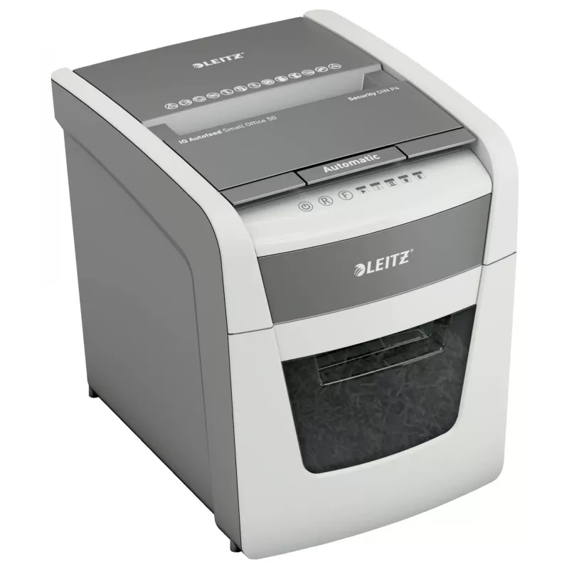 Niszczarka do papieru LEITZ IQ Autofeed Small Office50 P4 — mikropocięcie 4x28 mm, automatyczne podawanie 50 arkuszy, szerokość wejścia 22 cm, kosz 20 L