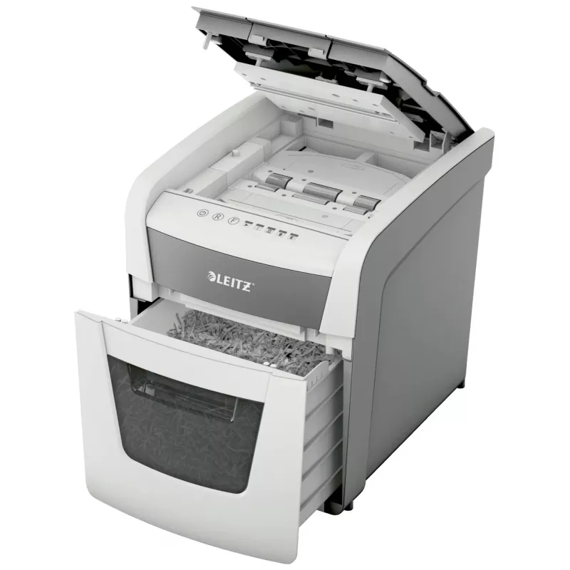 Niszczarka do papieru LEITZ IQ Autofeed Small Office50 P4 — mikropocięcie 4x28 mm, automatyczne podawanie 50 arkuszy, szerokość wejścia 22 cm, kosz 20 L