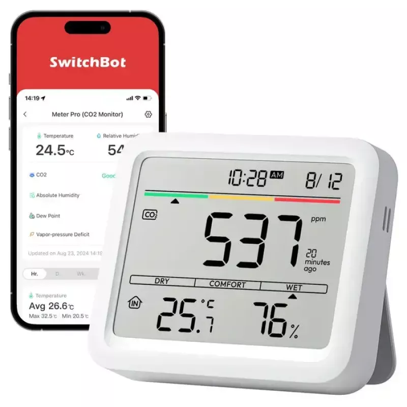 Monitor CO2 Switchbot Meter Pro — Pomiar CO2, temperatury i wilgotności, LCD, bateria (AA), obudowa ABS, 5 V, zakres temp. -20–80°C