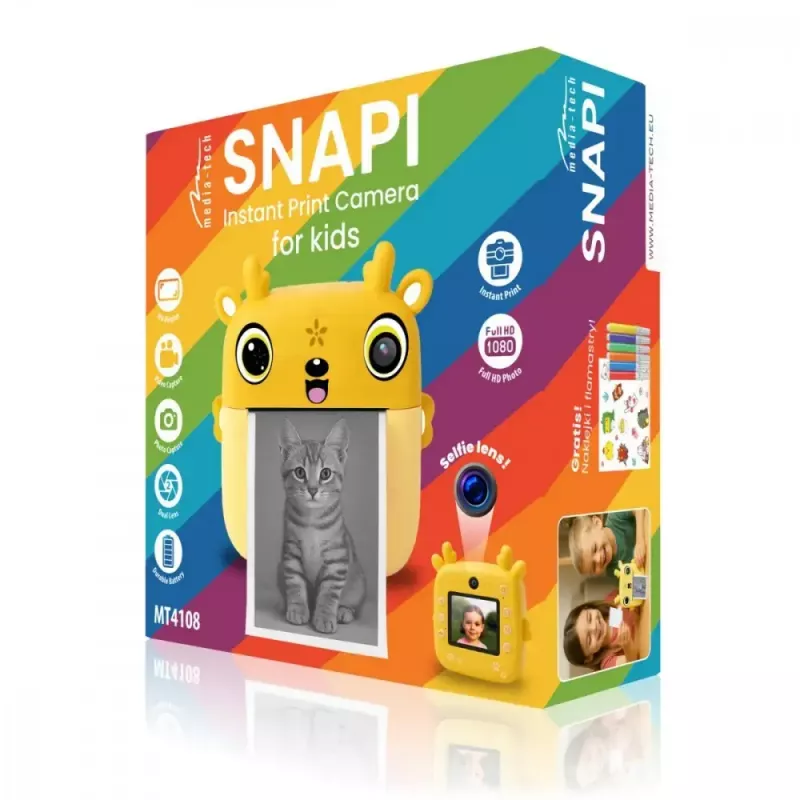 Aparat cyfrowy dla dzieci MEDIA-TECH SNAPI MT4108 — 8 MP interpolowane, LCD 1280x720, 1000 mAh, USB-C, slot microSD, żółty