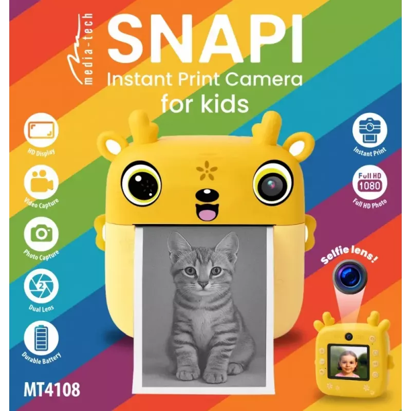 Aparat cyfrowy dla dzieci MEDIA-TECH SNAPI MT4108 — 8 MP interpolowane, LCD 1280x720, 1000 mAh, USB-C, slot microSD, żółty