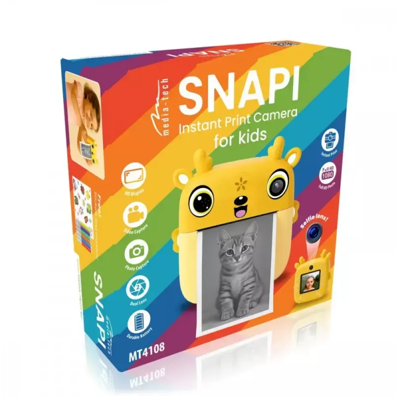 Aparat cyfrowy dla dzieci MEDIA-TECH SNAPI MT4108 — 8 MP interpolowane, LCD 1280x720, 1000 mAh, USB-C, slot microSD, żółty