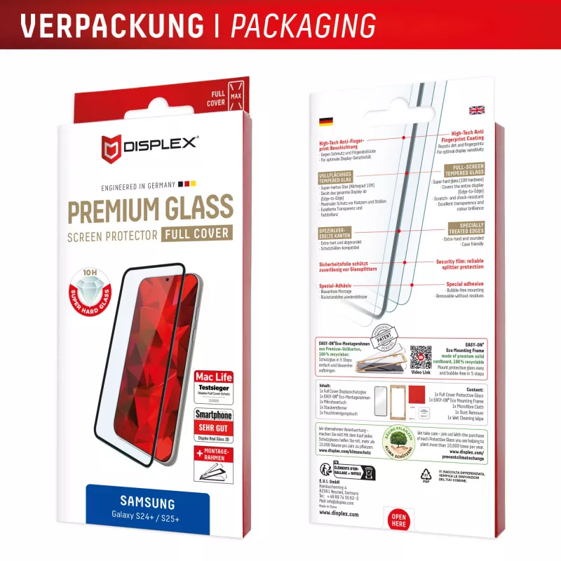 Displex Full Cover Screen Protector (10H) do Samsung Galaxy S24+/S25+, Eco Mounting Frame, Full Cover