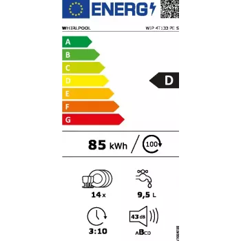 Zmywarka do zabudowy WHIRLPOOL WIP 4T133 PE S — 14 kompletów, 60 cm, 43 dB, klasa energetyczna D
