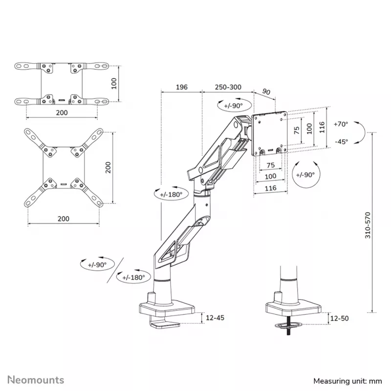 Neomounts DS70-256BL1 ramię do monitora gamingowego do ekranów 24–57 cali, sprężyna gazowa, Topfix, udźwig 30 kg, VESA 75–200 mm