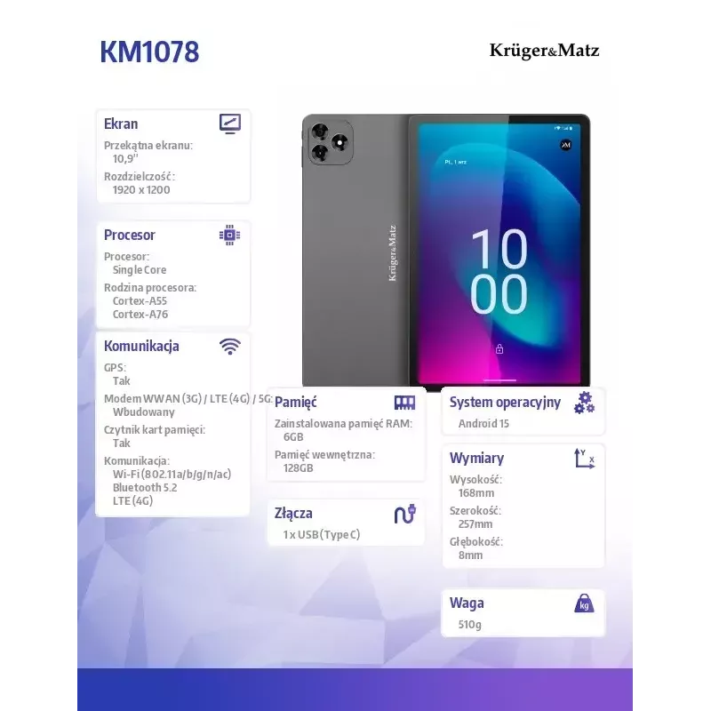 Tablet Kruger & Matz KM1078S 10.1 cala Wyświetlacz 4G LTE Czterordzeniowy 2 GB RAM 32 GB pamięci Android