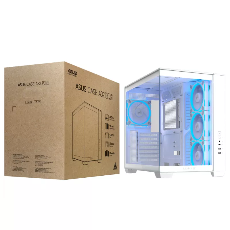 Obudowa PC ASUS A32 PLUS/WT/TG/ARGB Mid Tower, biała, ATX, szkło hartowane, ARGB, USB-C, obsługa GPU do 420 mm