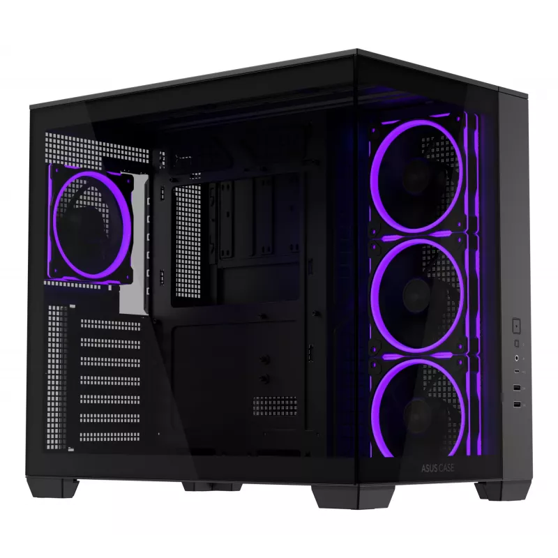 Obudowa PC ASUS A32 PLUS ATX, czarna — szkło hartowane, wentylatory RGB, USB-C, obsługuje ATX/Micro-ATX/Mini-ITX