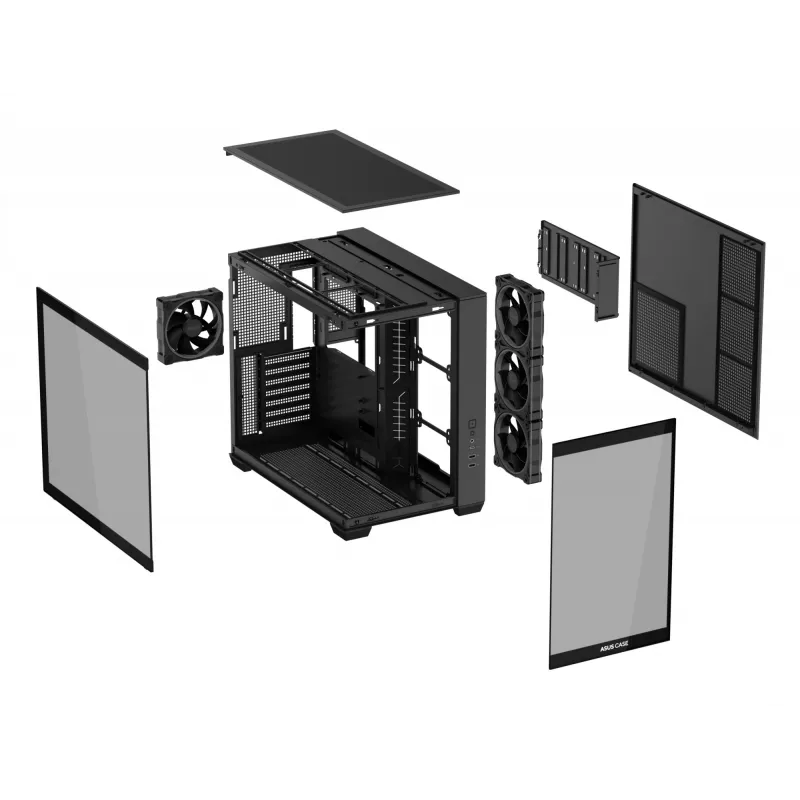 Obudowa PC ASUS A32 PLUS ATX, czarna — szkło hartowane, wentylatory RGB, USB-C, obsługuje ATX/Micro-ATX/Mini-ITX
