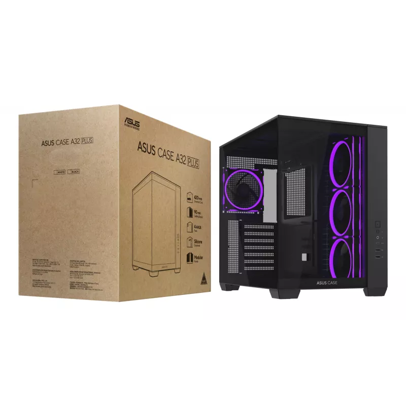 Obudowa PC ASUS A32 PLUS ATX, czarna — szkło hartowane, wentylatory RGB, USB-C, obsługuje ATX/Micro-ATX/Mini-ITX