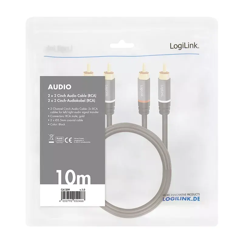 Kabel audio LogiLink CA1209 10m 2xRCA Czarny