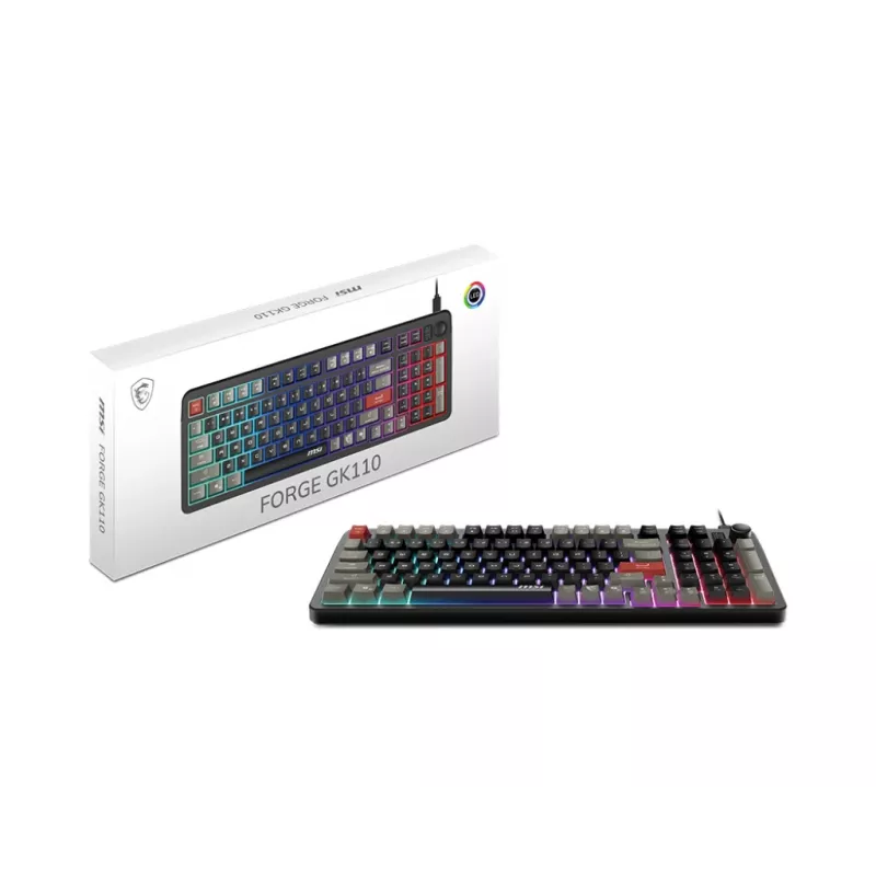 Klawiatura MSI Forge GK110 — pełnowymiarowa (100%), przewodowa USB, QWERTY US English, membranowa, podświetlenie RGB, 97 klawiszy, czarna