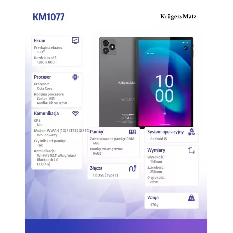 Tablet Kruger & Matz KM1077 10.1-calowy wyświetlacz Czterordzeniowy 4 GB RAM 64 GB pamięci Android