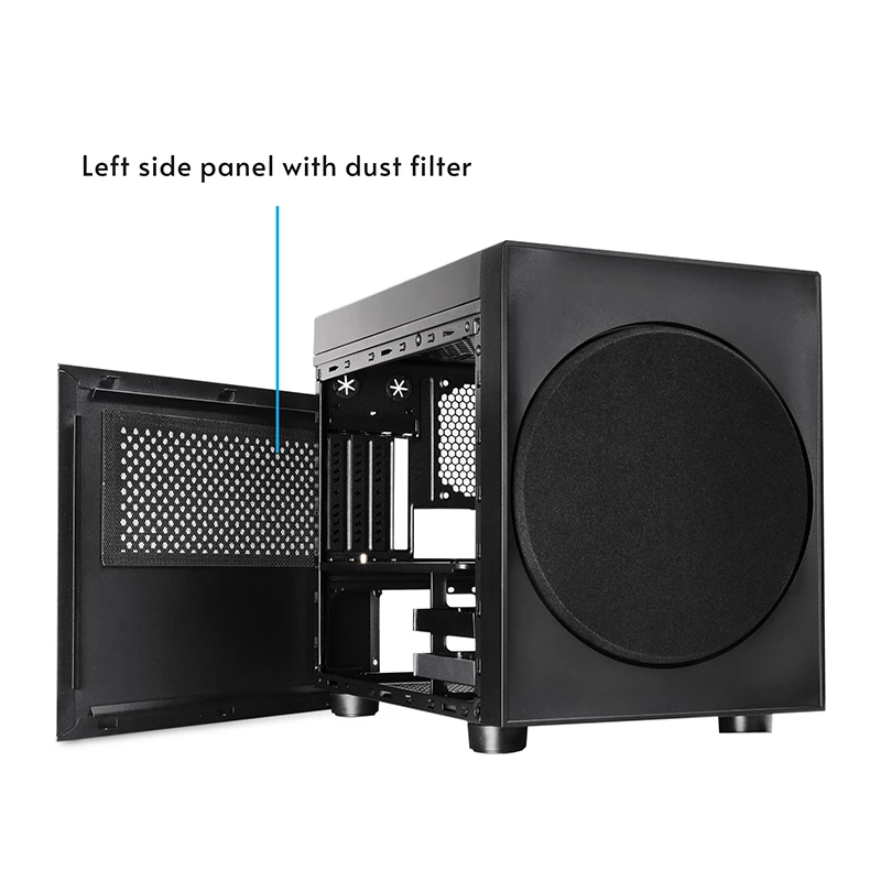 Obudowa komputerowa CHIEFTEC CI-03B-OP Cube Czarna — format Cube, obsługuje Micro ATX/Mini-ITX, 2x3,5 cala + 2x2,5 cala, 1x200 mm wentylator przedni