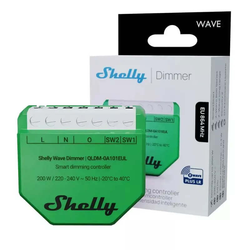 Shelly Wave Dimmer EU LR inteligentny sterownik ściemniacza — 2-kanałowy, bez przewodu neutralnego, 220–240 V, LED do 150 W, żarówki do 200 W, 864–868,4 MHz