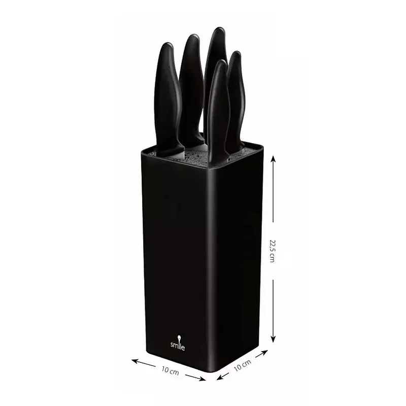Zestaw noży kuchennych Smile SNS-6 — 6-elementowy czarny blok, 5 noży z nieprzywierającymi czarnymi ostrzami, miękkie w dotyku czarne plastikowe rękojeści