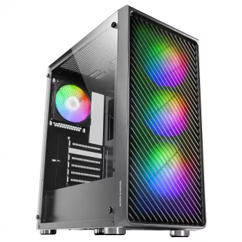 Mars Gaming MC-F Czarny, ATX Gaming Semitower, Pełne Okno ze Szkła Hartowanego, Front z Metalowej Siatki, 4 wentylatory ARGB 120 mm