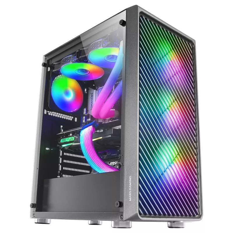 Mars Gaming MC-F Czarny, ATX Gaming Semitower, Pełne Okno ze Szkła Hartowanego, Front z Metalowej Siatki, 4 wentylatory ARGB 120 mm