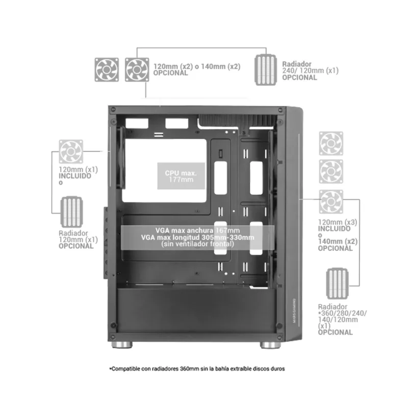 Mars Gaming MC-F Czarny, ATX Gaming Semitower, Pełne Okno ze Szkła Hartowanego, Front z Metalowej Siatki, 4 wentylatory ARGB 120 mm