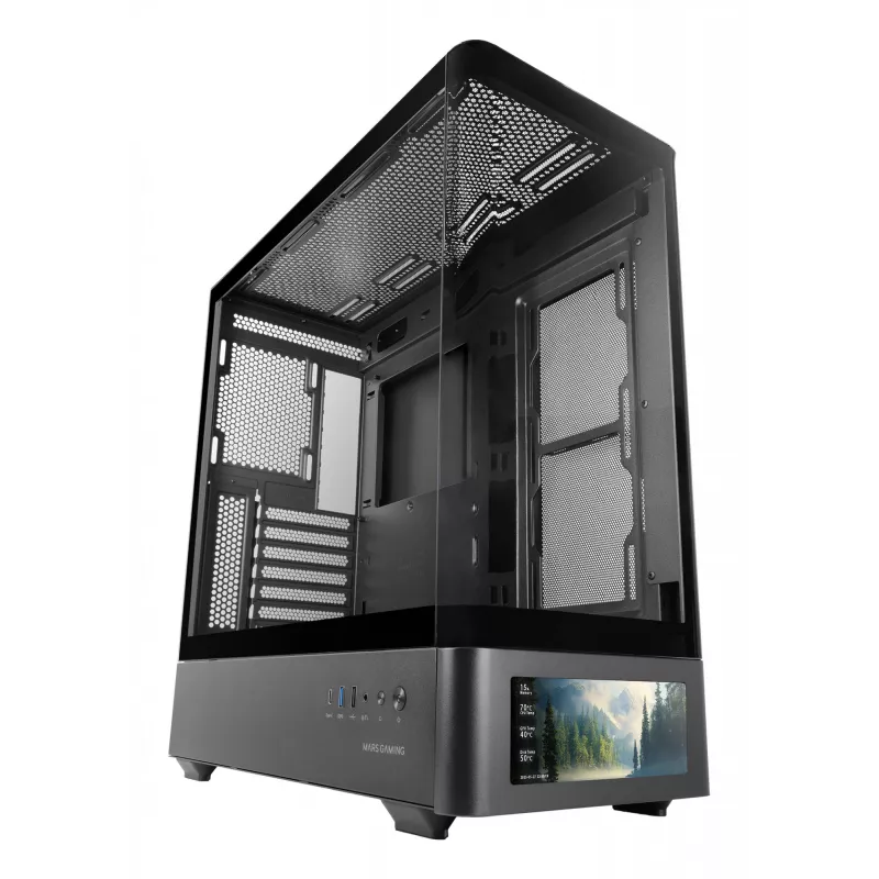 Obudowa PC TACENS Mars Gaming MCLCDPRO Midi Tower — czarna, wyświetlacz IPS 7,2 cala, montaż PSU na dole, obsługa ATX/Micro‑ATX/Mini‑ITX