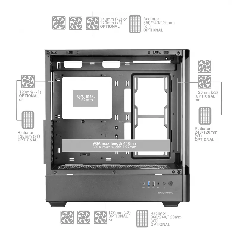 Obudowa PC TACENS Mars Gaming MCLCDPRO Midi Tower — czarna, wyświetlacz IPS 7,2 cala, montaż PSU na dole, obsługa ATX/Micro‑ATX/Mini‑ITX