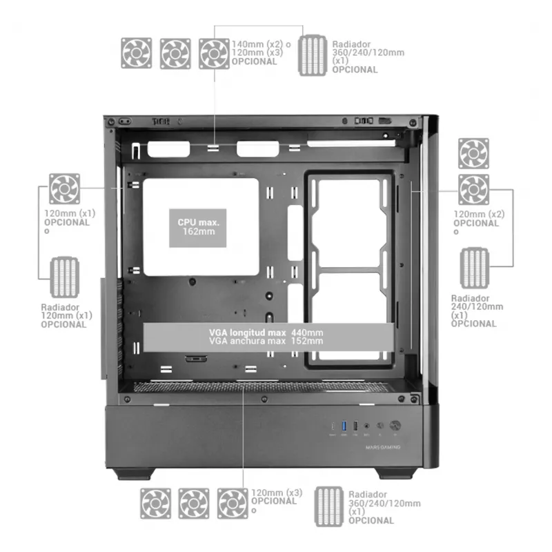Obudowa PC TACENS Mars Gaming MCLCDPRO Midi Tower — czarna, wyświetlacz IPS 7,2 cala, montaż PSU na dole, obsługa ATX/Micro‑ATX/Mini‑ITX