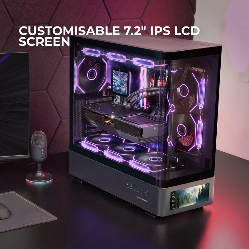 Obudowa PC TACENS Mars Gaming MCLCDPRO Midi Tower — czarna, wyświetlacz IPS 7,2 cala, montaż PSU na dole, obsługa ATX/Micro‑ATX/Mini‑ITX