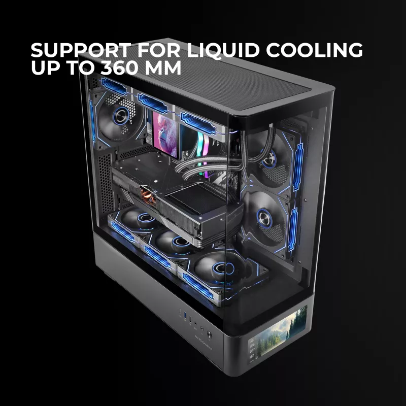 Obudowa PC TACENS Mars Gaming MCLCDPRO Midi Tower — czarna, wyświetlacz IPS 7,2 cala, montaż PSU na dole, obsługa ATX/Micro‑ATX/Mini‑ITX