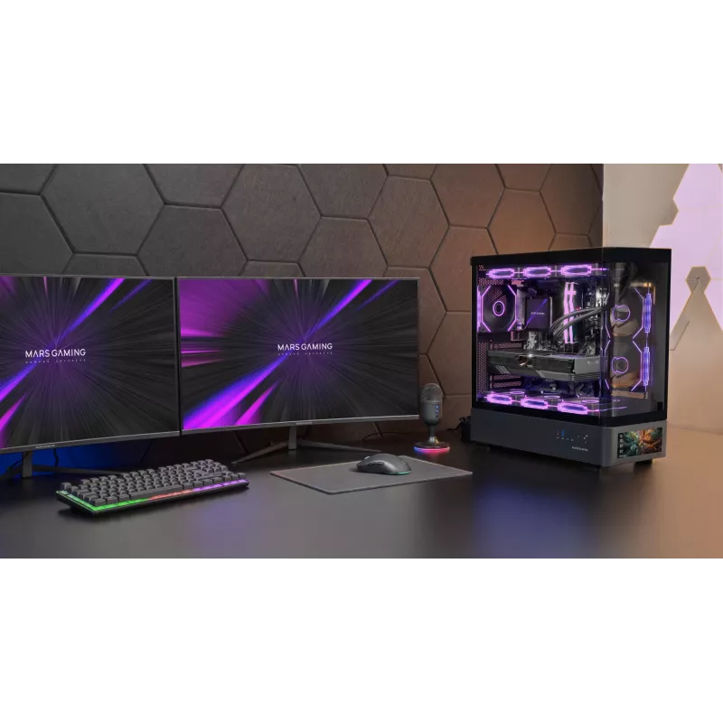 Obudowa PC TACENS Mars Gaming MCLCDPRO Midi Tower — czarna, wyświetlacz IPS 7,2 cala, montaż PSU na dole, obsługa ATX/Micro‑ATX/Mini‑ITX