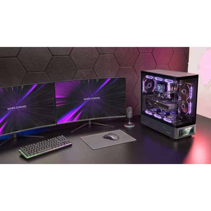 Obudowa PC TACENS Mars Gaming MCLCDPRO Midi Tower — czarna, wyświetlacz IPS 7,2 cala, montaż PSU na dole, obsługa ATX/Micro‑ATX/Mini‑ITX