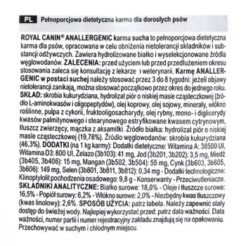 Sucha karma dla psa Royal Canin Anallergenic 8 kg — hipoalergiczna formuła dla dorosłych psów z drobiem, bezglutenowa, bez laktozy