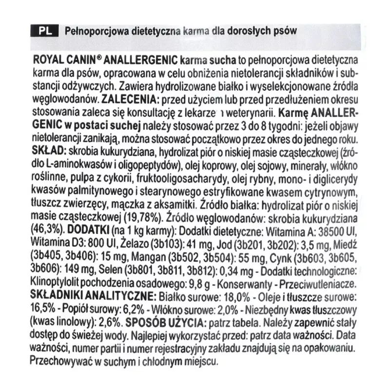 Sucha karma dla psa Royal Canin Anallergenic 8 kg — hipoalergiczna formuła dla dorosłych psów z drobiem, bezglutenowa, bez laktozy