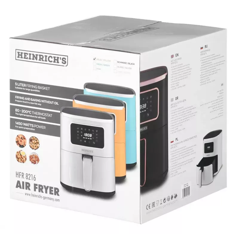 Frytkownica beztłuszczowa HEINRICH'S HFR 8216, pojemność 5,0 l, 1450 W, żółta