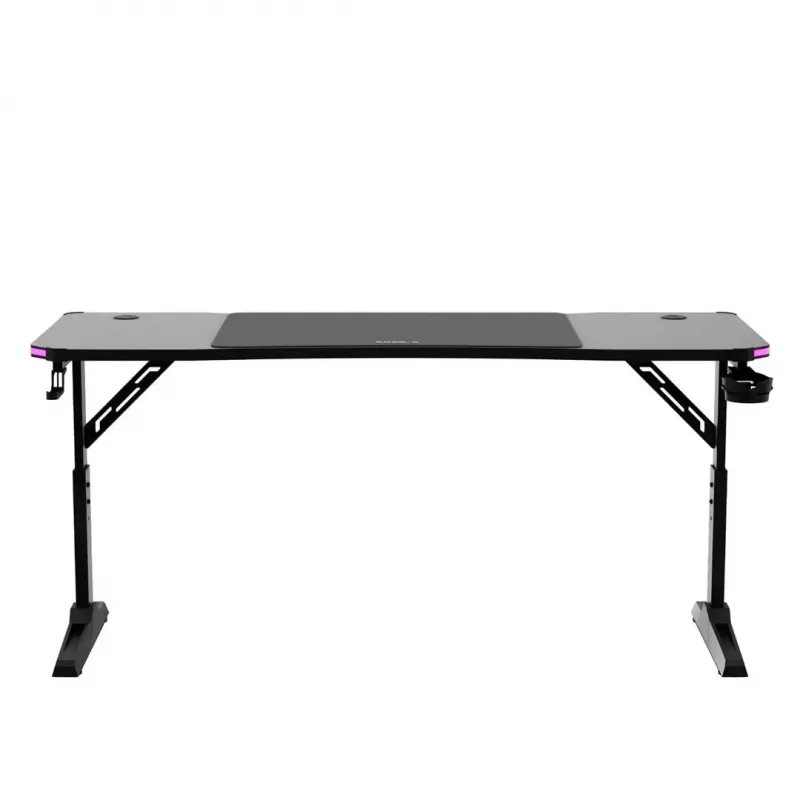 Biurko gamingowe huzaro Hero 4.6 RGB — czarny prostokątny blat 1600×600 mm, wysokość 560–790 mm, nogi w kształcie H, podświetlenie RGB