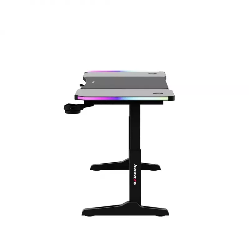 Biurko gamingowe huzaro Hero 4.6 RGB — czarny prostokątny blat 1600×600 mm, wysokość 560–790 mm, nogi w kształcie H, podświetlenie RGB