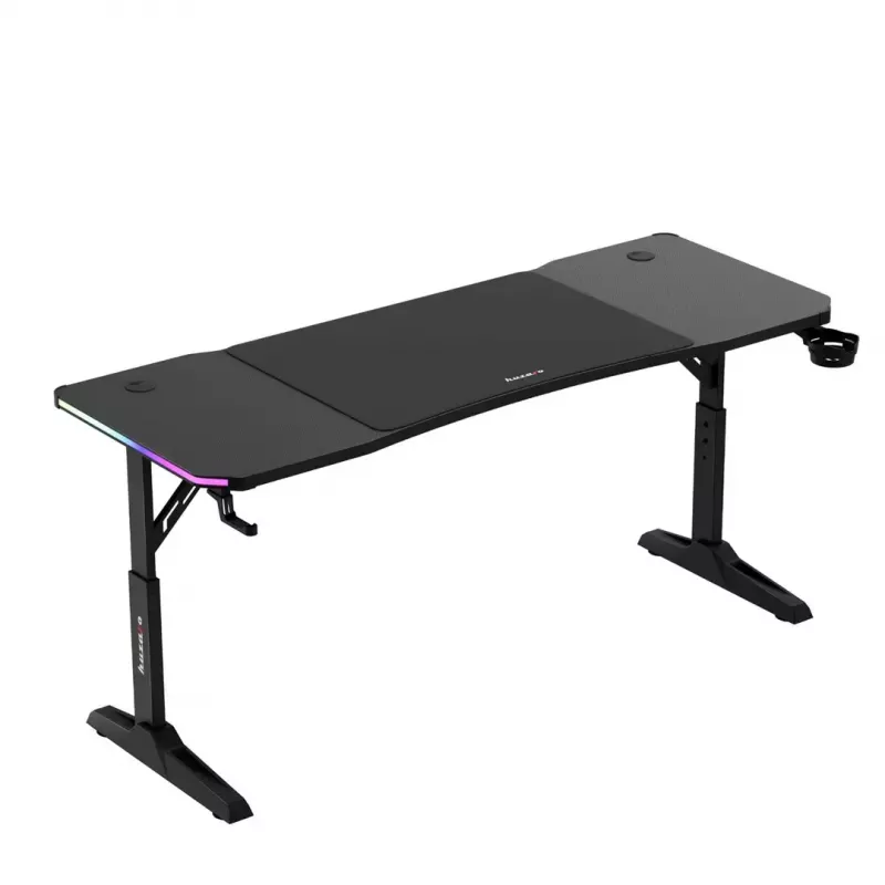 Biurko gamingowe huzaro Hero 4.6 RGB — czarny prostokątny blat 1600×600 mm, wysokość 560–790 mm, nogi w kształcie H, podświetlenie RGB