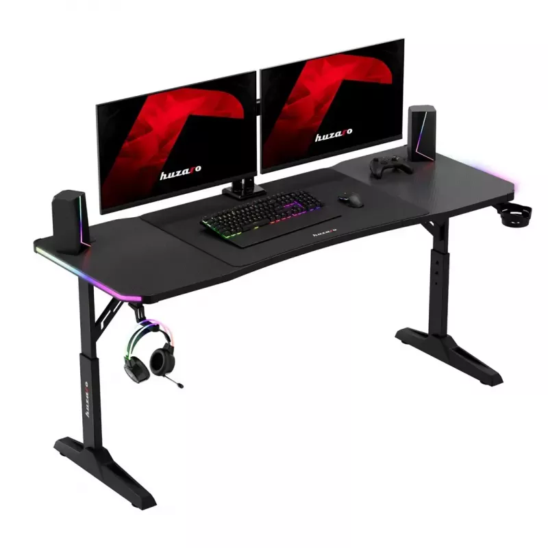 Biurko gamingowe huzaro Hero 4.6 RGB — czarny prostokątny blat 1600×600 mm, wysokość 560–790 mm, nogi w kształcie H, podświetlenie RGB