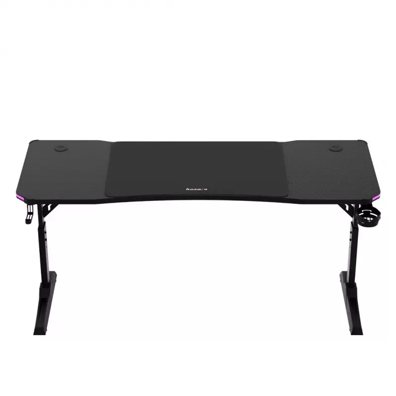 Biurko gamingowe huzaro Hero 4.6 RGB — czarny prostokątny blat 1600×600 mm, wysokość 560–790 mm, nogi w kształcie H, podświetlenie RGB